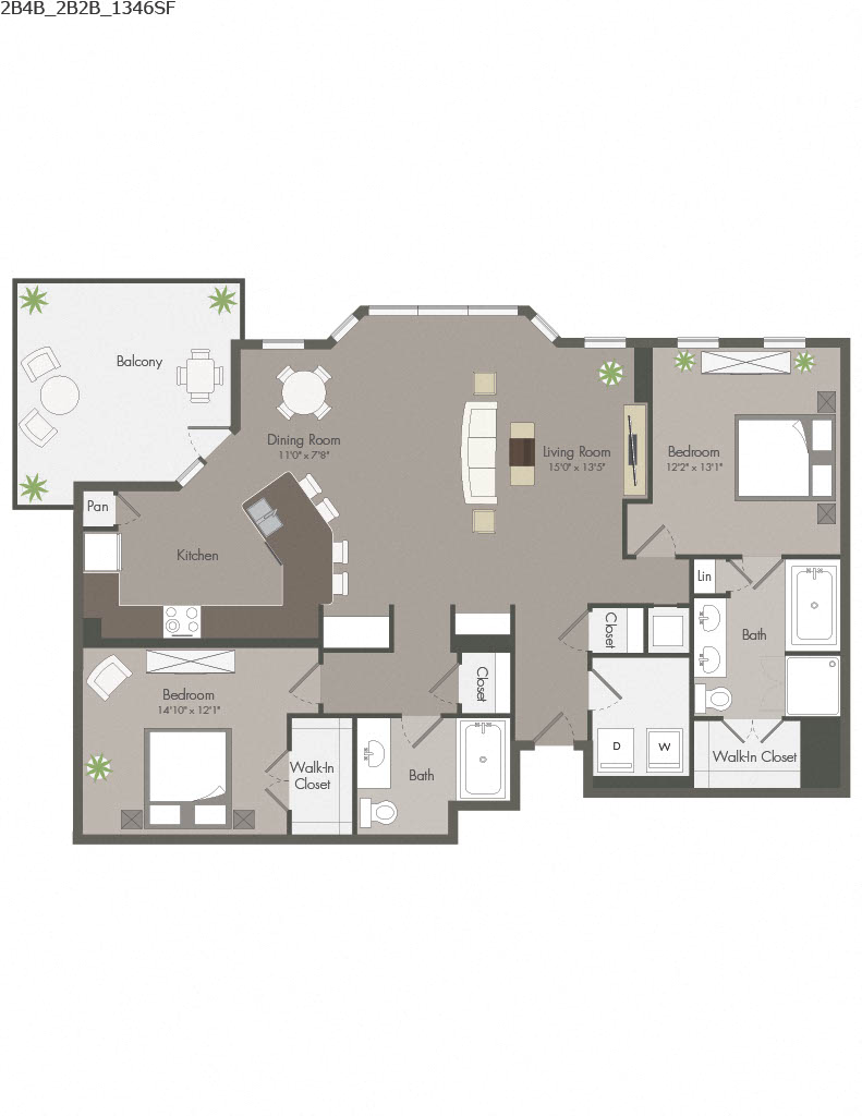 Floor plan for 2 beds, 2 baths, 1346 sqft